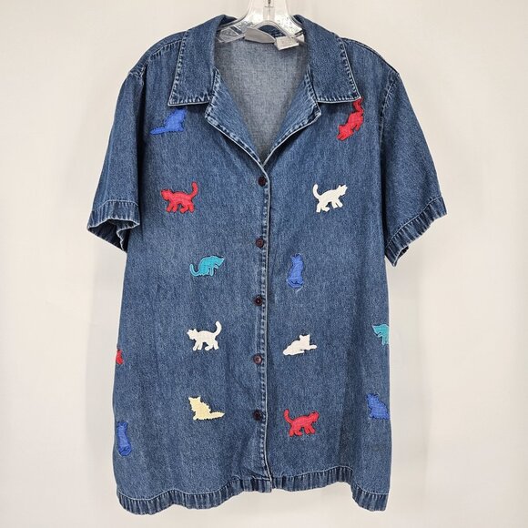 Blair Shirt Top Womens 2XL Blue Denim Button Up Short Sleeve Cat Kitten Embroid - Picture 1 of 12
